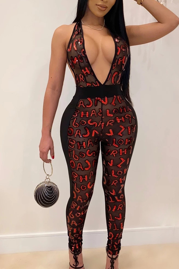 Cheap Jumpsuit Lovely Sexy Deep V Neck Patchwork Red One-piece Jumpsui