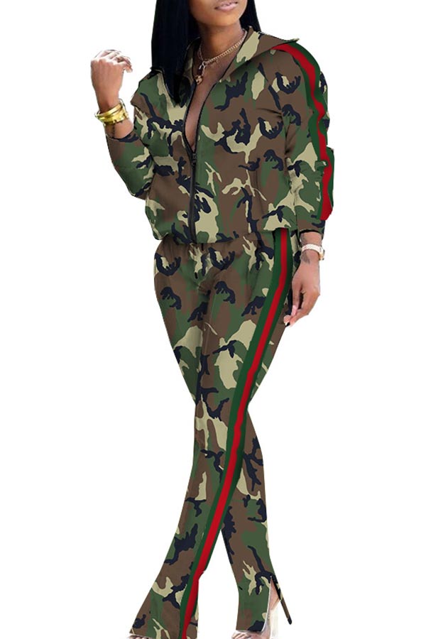 

Lovely Casual Camouflage Printed Green Two-piece Pants Set