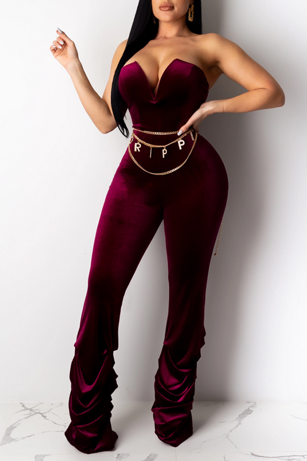 Cheap Jumpsuit Lovely Casual Ruffle Design Wine Red One-piece Jumpsuit