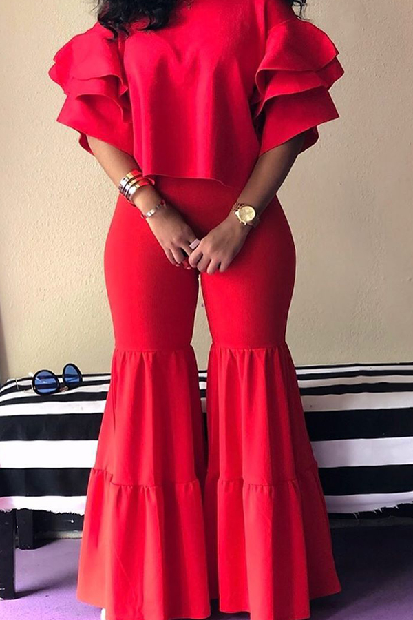 

Lovely Sweet Ruffle Design Red Two-piece Pants Set