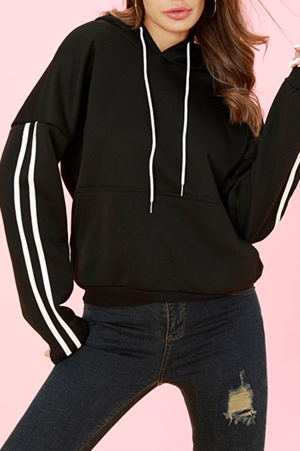 

Lovely Casual Long Sleeves Striped Black Cotton Hoodies