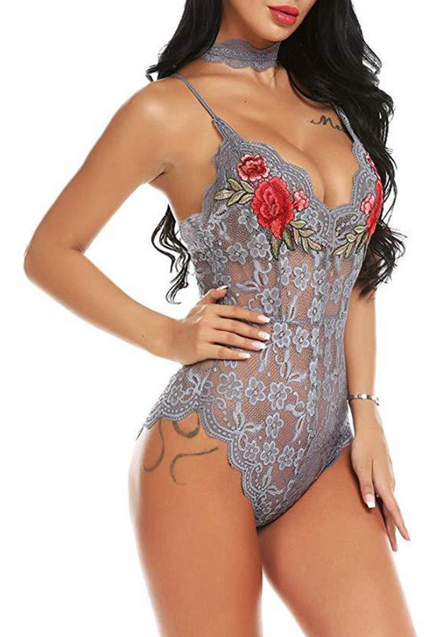 

Lovely Sexy Embroidery Grey Teddies
