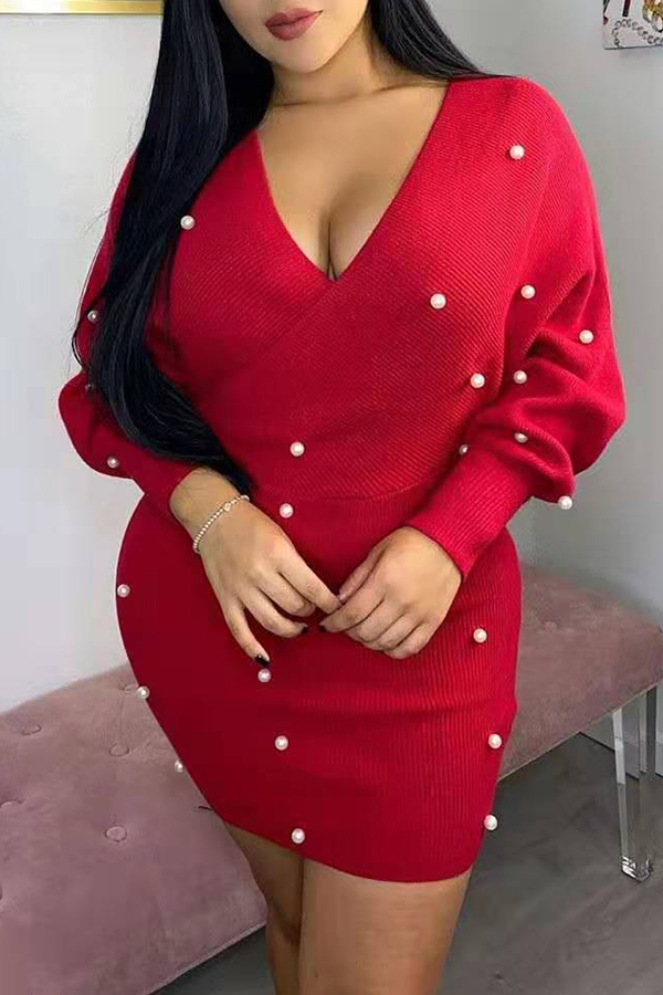 

Lovely Sweet V Neck Red Mini Dress