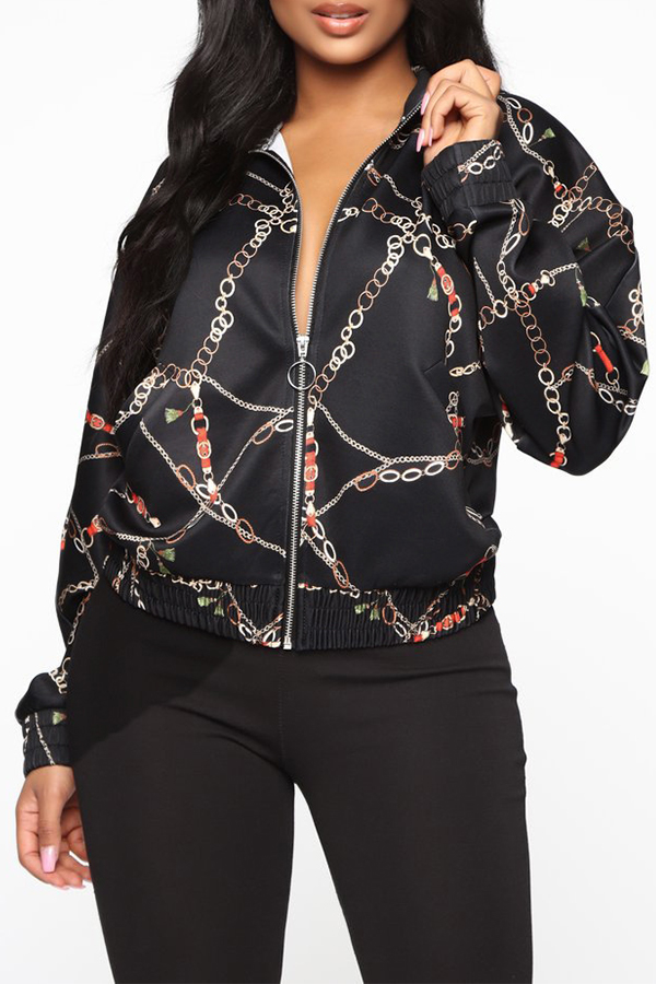 Lovely Casual Basic Printed Black Coat