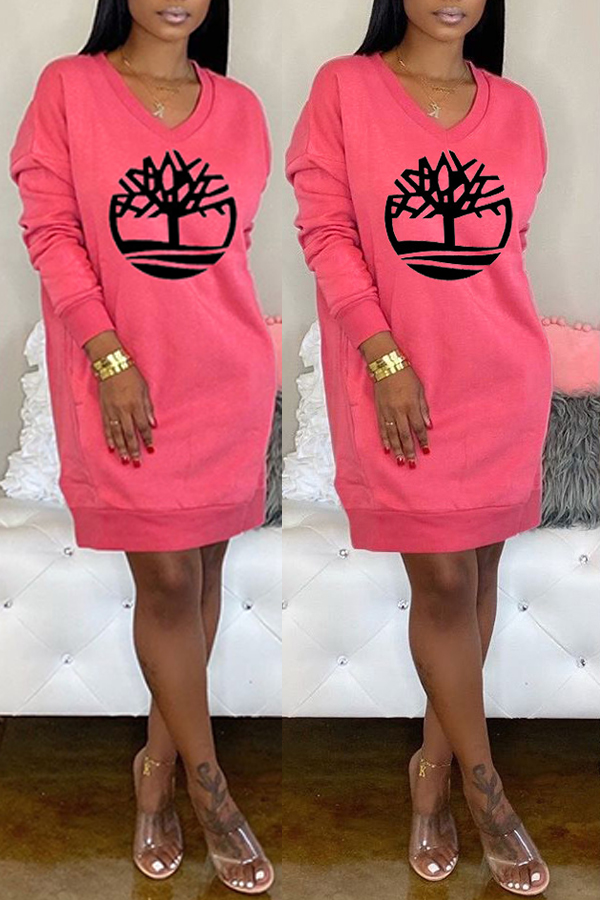 

Lovely Casual V Neck Printed Pink Knee Length Dress
