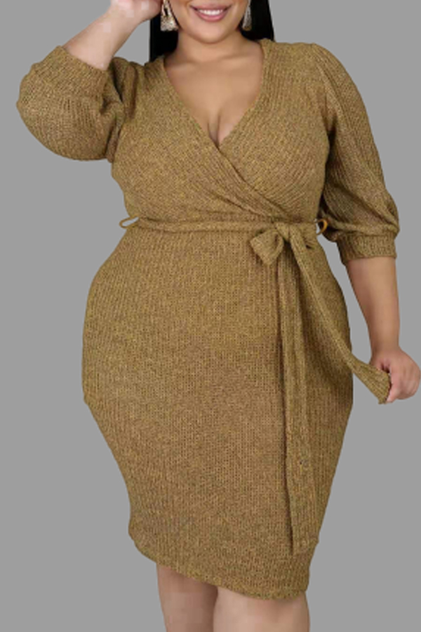 Cheap Plus Size Dress Lovely Casual V Neck Lace-up Khaki Knee Length P