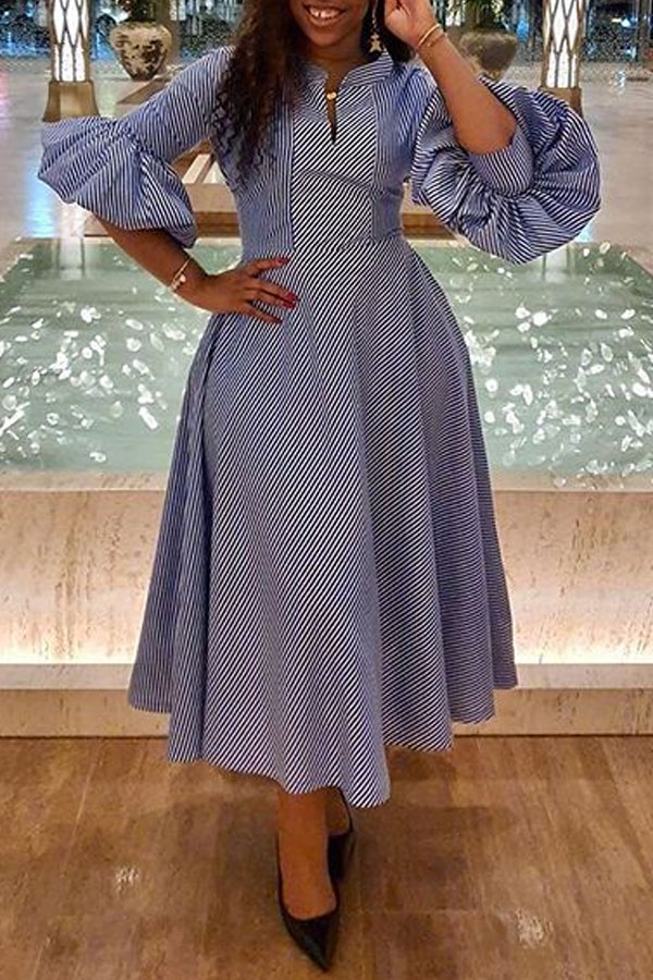 

Lovely Sweet Striped Blue Ankle Length Dress
