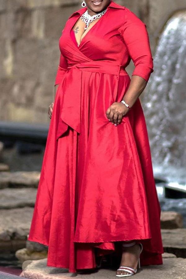 

Lovely Casual V Neck Ruffle Design Red Floor Length Dress