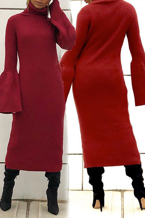 

Lovely Leisure Turtleneck Wine Red Mid Calf Dress