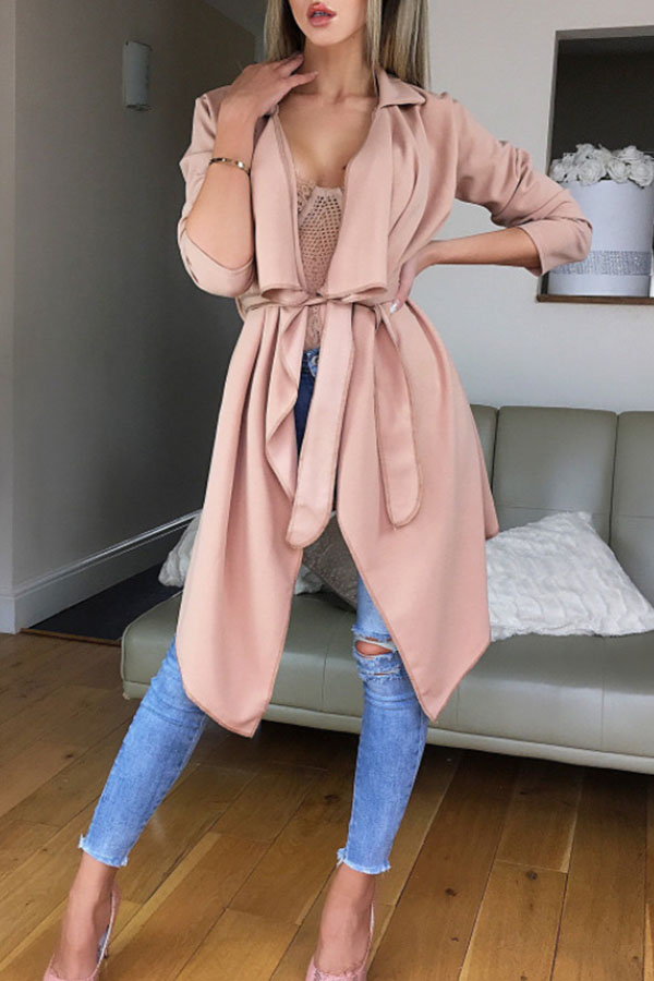 

Lovely Casual Lace-up Light Pink Trench Coats