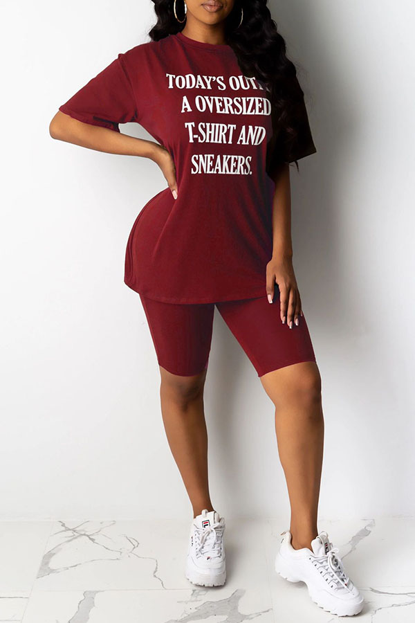 

Lovely Casual Letter Printed Wine Red Two-piece Shorts Set