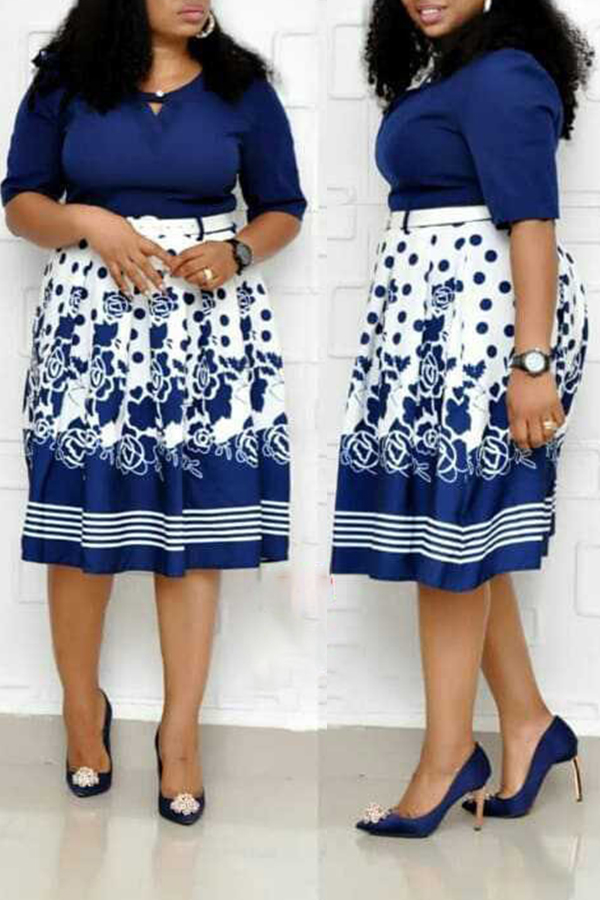 Cheap Plus Size Dress Lovely Casual Printed Dark Blue Knee Length Plus