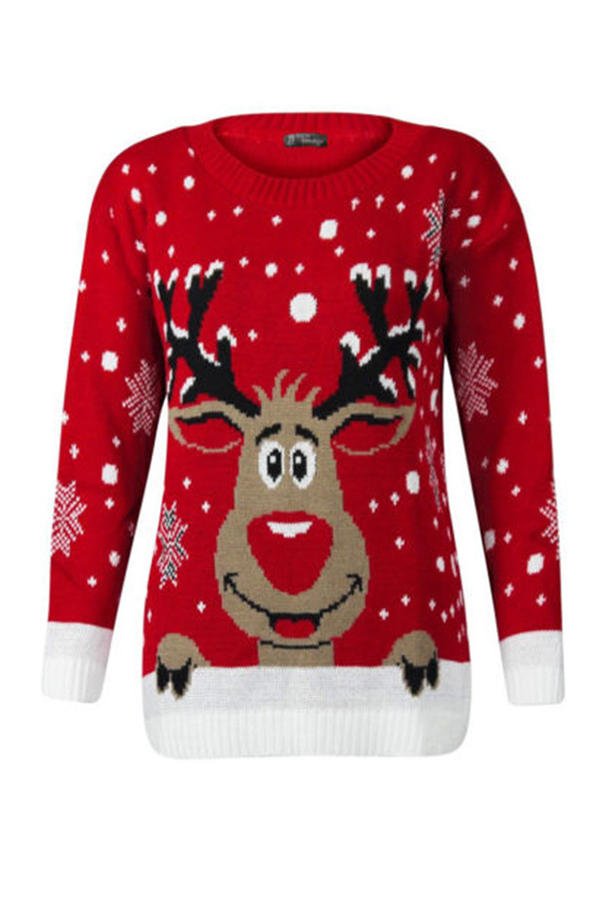 Lovely Casual O Neck Christmas Deer Red Plus Size Sweater