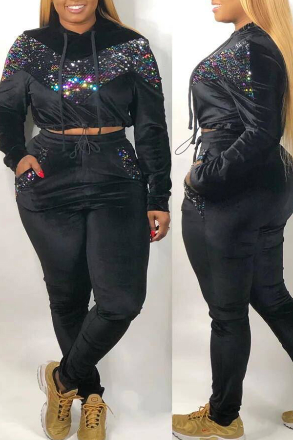 

Lovely Casual Patchwork Black Plus Size Two-piece Pants Set