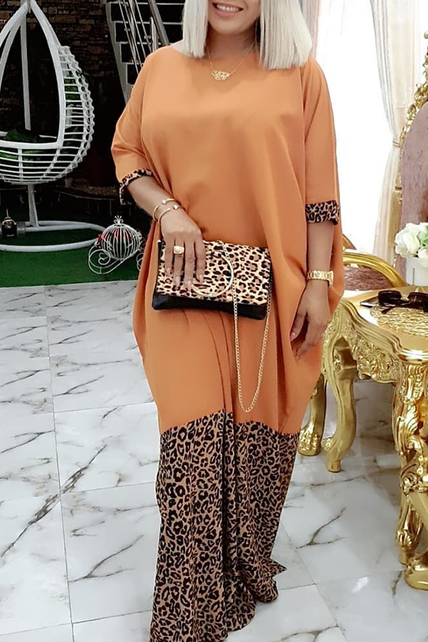 Lovely Casual Patchwork Leopard Printed Floor Length Plus Size Dress
