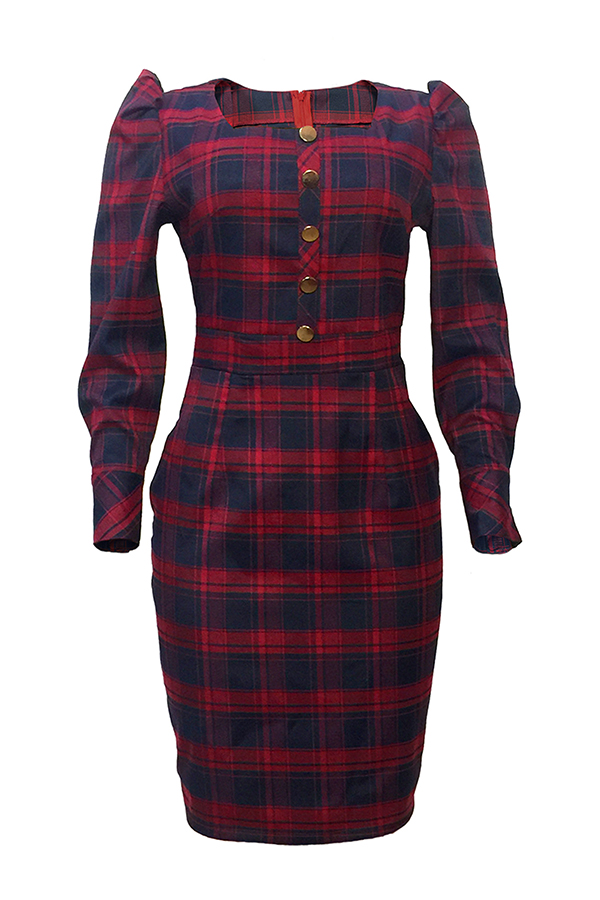 

Lovely Sweet Plaid Printed Red Knee Length Dress