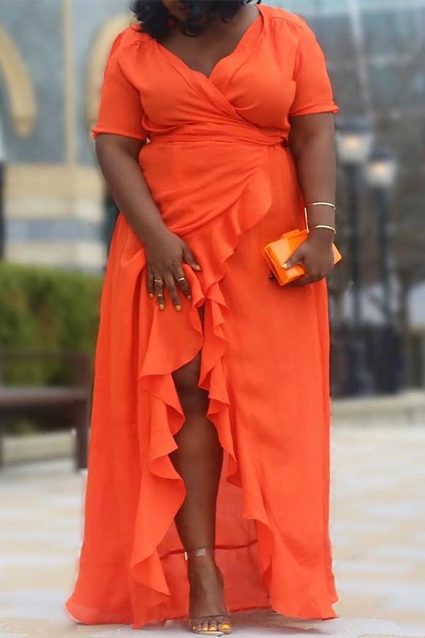 

Lovely Casual Flounce Patchwork Orange Floor Length Plus Size Dress