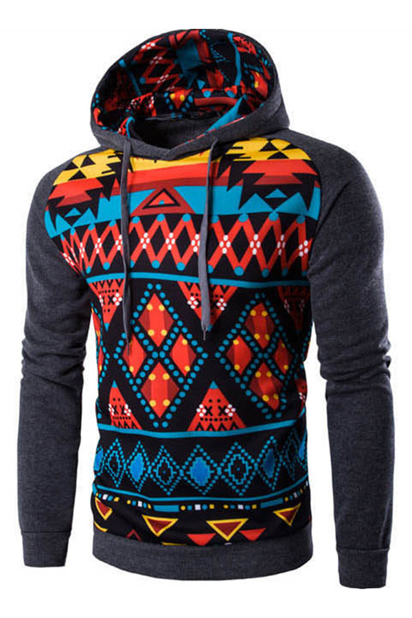 

Lovely Casual Hooded Collar Geometric Printed Dark Grey Hoodie