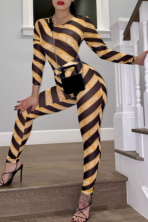 

Lovely Sexy See-through Printed Yellow Two-piece Pants Set