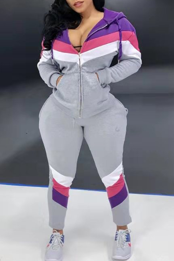 

Lovely Casual Patchwork Grey Two-piece Pants Set