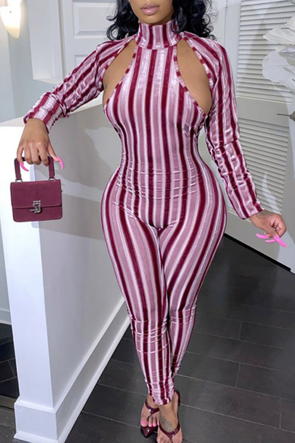 

Lovely Casual Striped Hollow-out Red One-piece Jumpsuit, Red stripe