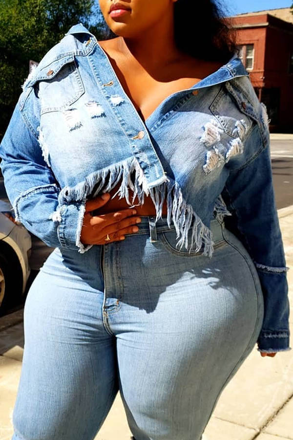 

Lovely Casual Tassel Design Blue Plus Size Coat