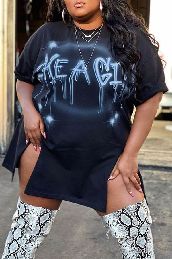 

Lovely Casual O Neck Printed Black Plus Size Mini Dress