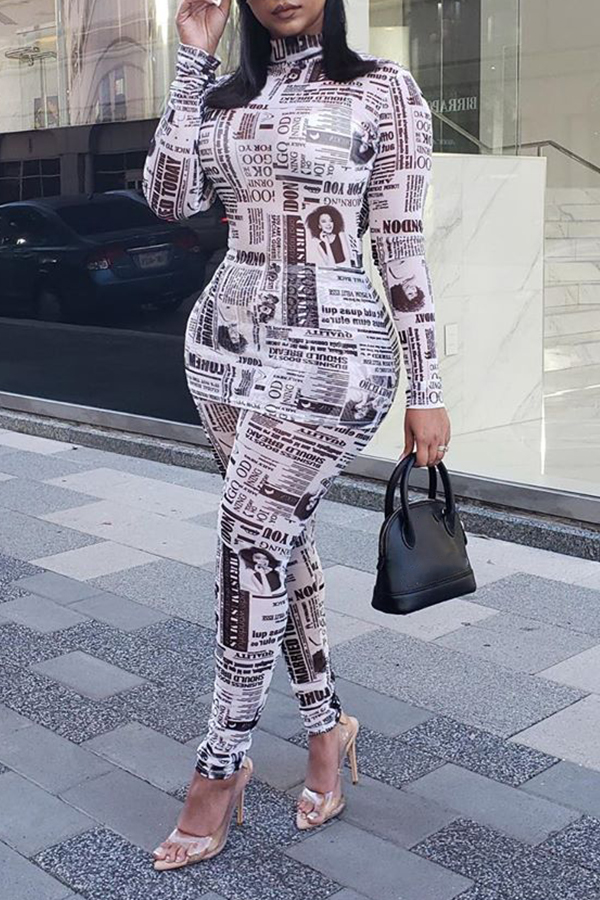 

Lovely Street Turtleneck Printed White Two-piece Pants Set
