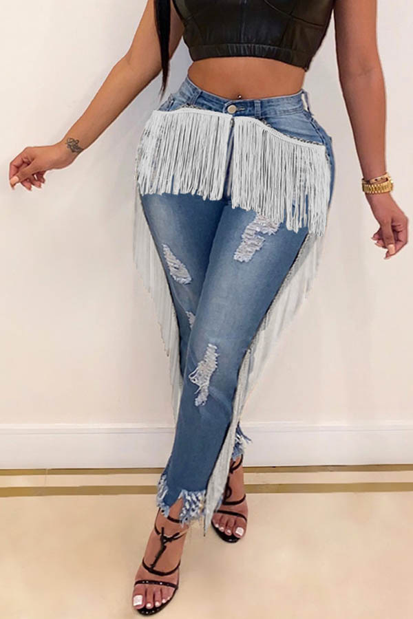 

Lovely Casual Tassel Design Blue Jeans