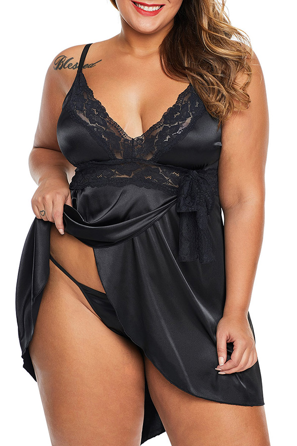 

Lovely Sexy V Neck Lace Patchwork Black Babydolls
