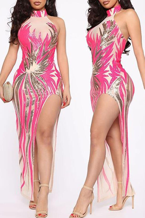

Lovely Party Side Slit Printed Pink Ankle Length Evening Dress