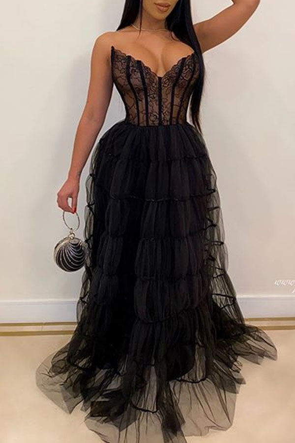

Lovely Party Patchwork Black Trailing Evening Dress