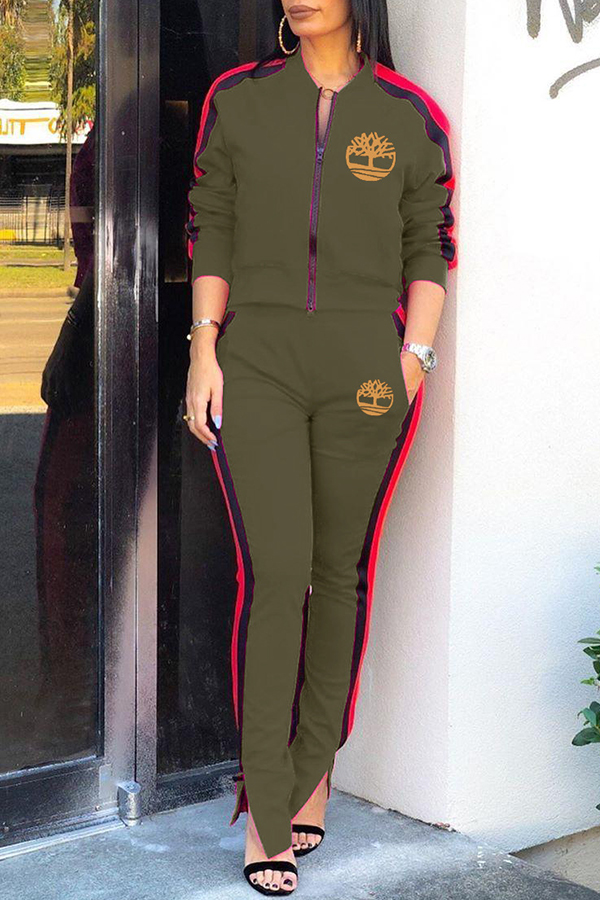 

Lovely Leisure Zipper Design Army Green Two-piece Pants Set