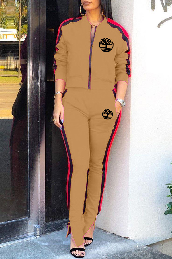 

Lovely Leisure Zipper Design Khaki Two-piece Pants Set