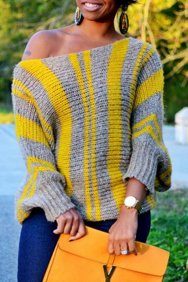 Lovely Casual Striped Loose Yellow Sweater