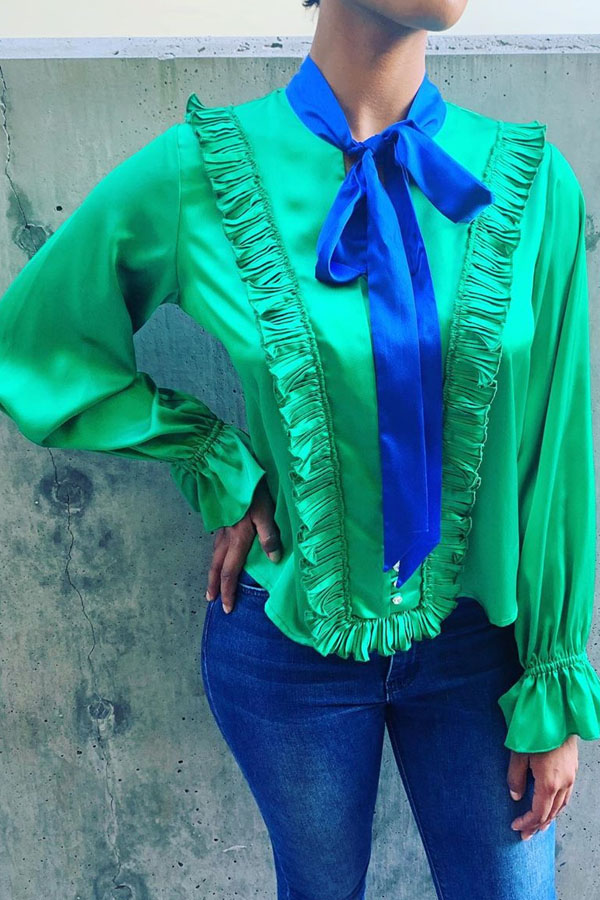 

Lovely O Neck Flounce Design Green Blouse