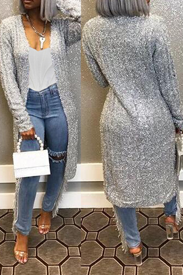 

Lovely Casual Long Sleeve Silver Cardigan