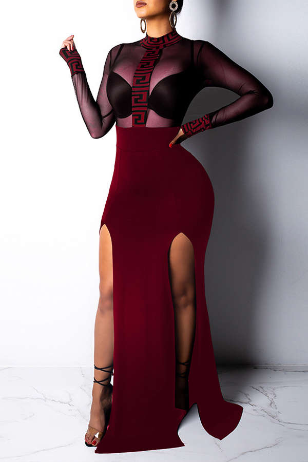 

Lovely Sexy See-through Patchwork Wine Red Trailing Dress(Without Lining