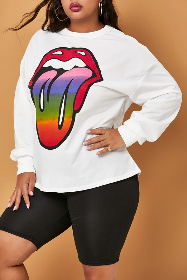 

Lovely Casual Lip Printed White Plus Size Hoodie