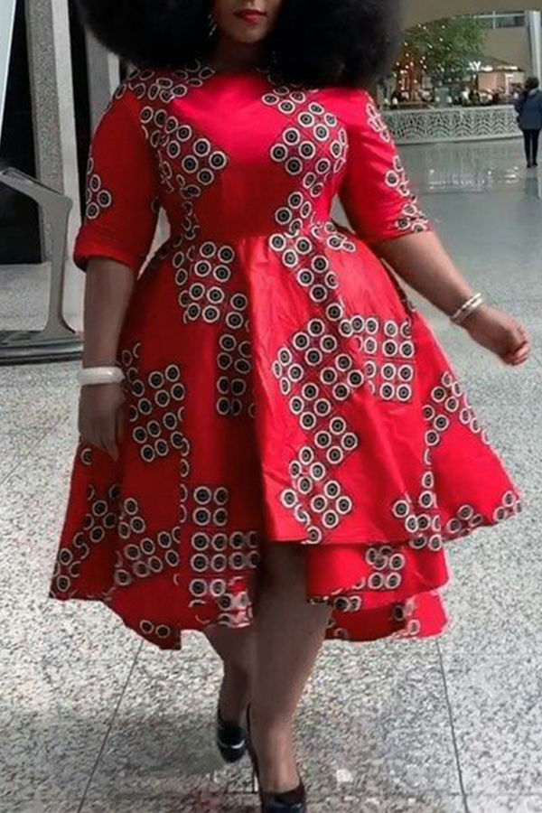 

Lovely Casual O Neck Dot Red Mid Calf Plus Size Dress