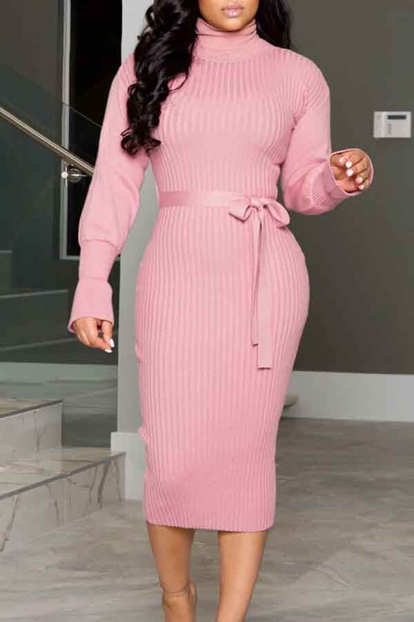 

Lovely Sweet Turtleneck Skinny Pink Mid Calf Dress