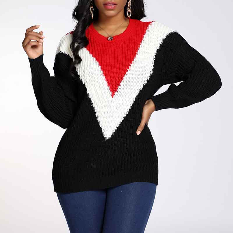 

Lovely Trendy O Neck Color-lump Patchwork Black Sweater