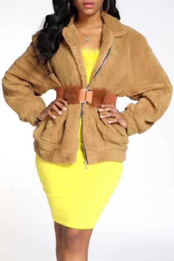 

Lovely Casual Zipper Design Yellow Teddy Coat(Without Belt