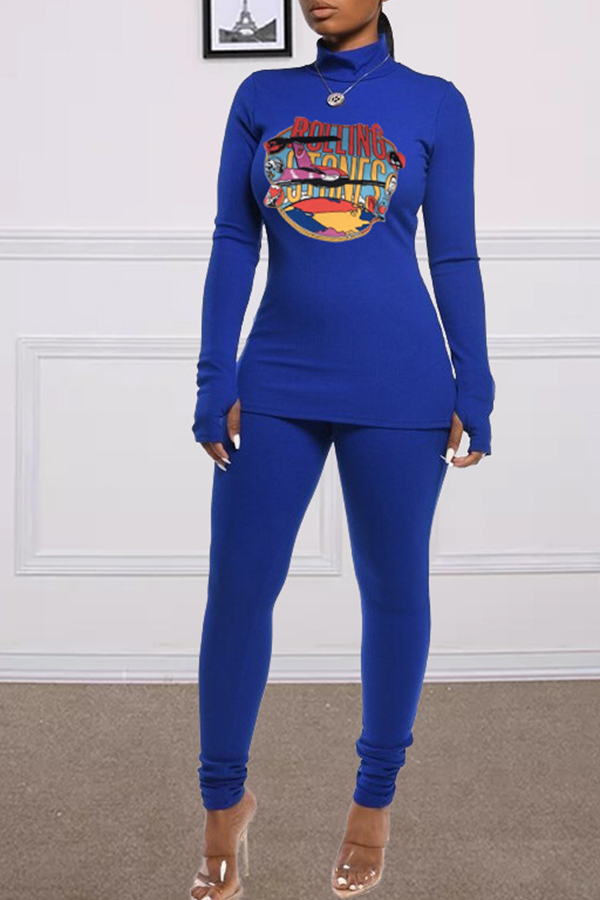 

Lovely Casual Turtleneck Blue Two-piece Pants Set