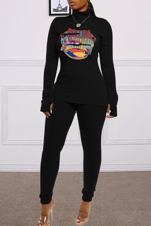 

Lovely Casual Turtleneck Black Two-piece Pants Set