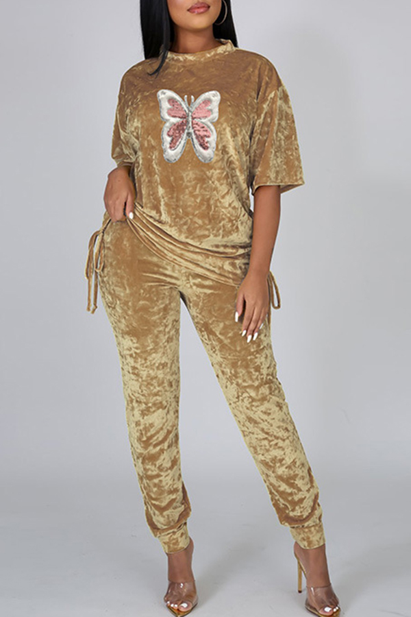 

Lovely Casual Butterfly Apricot wo-piece Pants Set