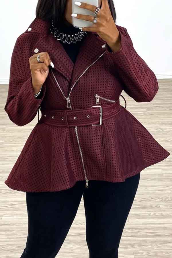 

Lovely Casual Zipper Design Wine Red Coat(With Belt