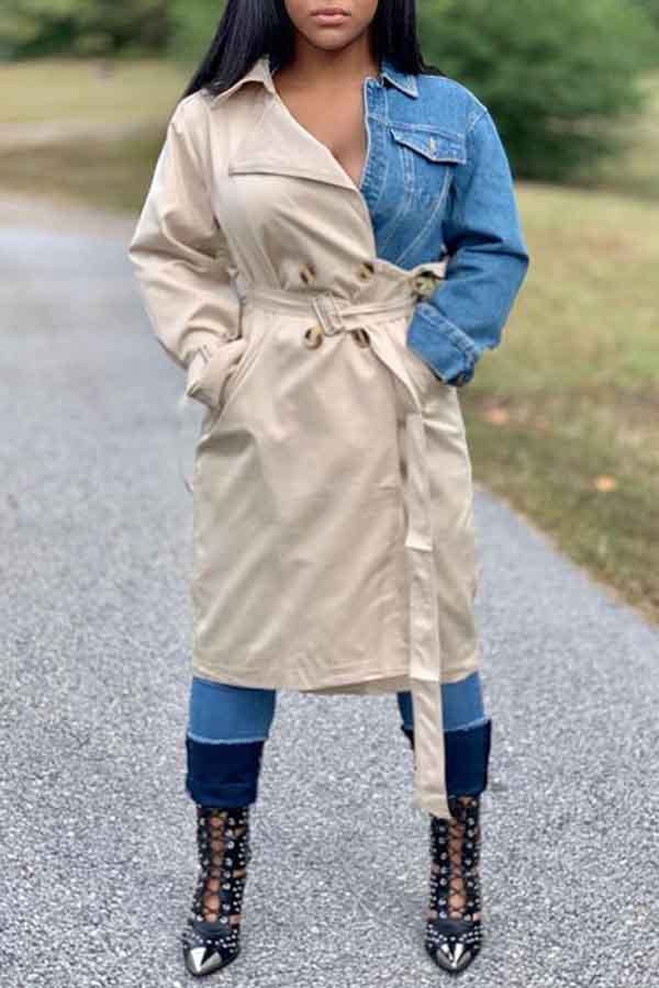 

Lovely Casual Patchwork Khaki Trench Coat