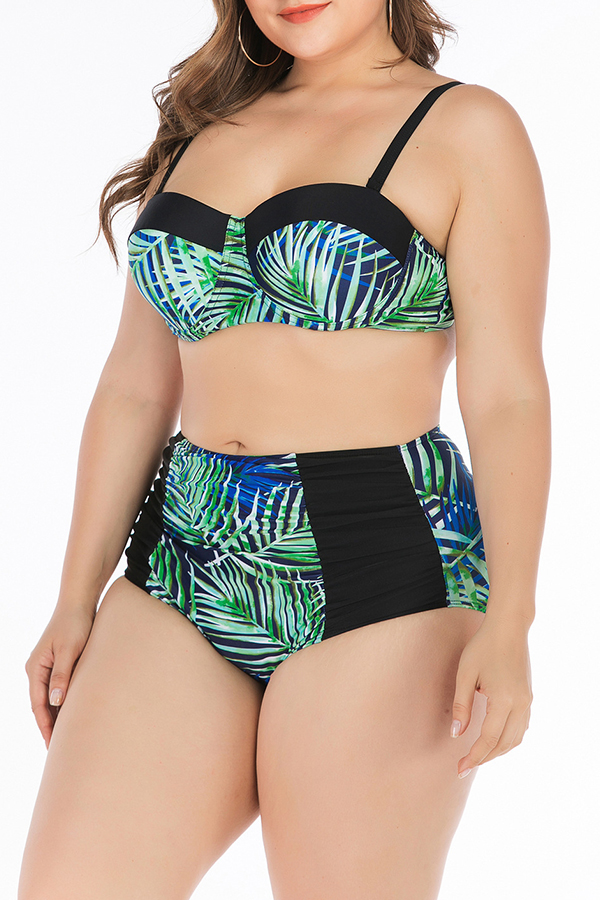 

Lovely Patchwork Green Plus Size Two-piece Swimwear