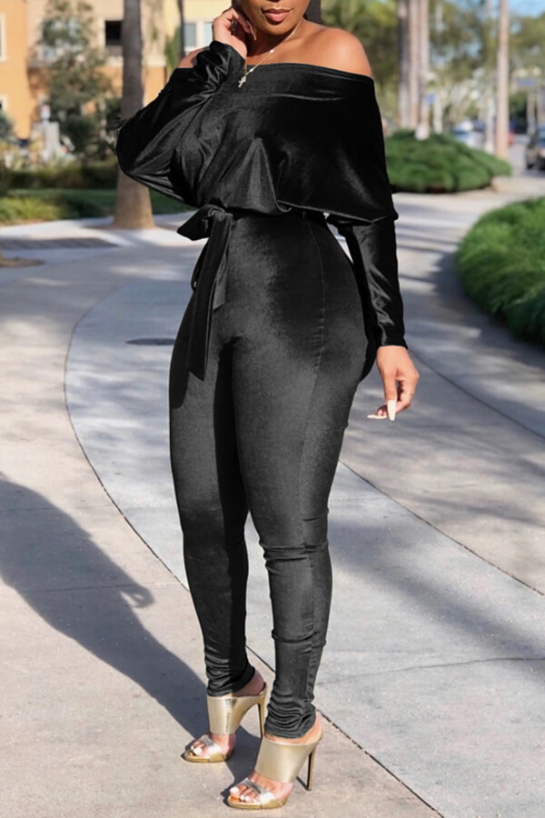 Lovely Casual Dew Shoulder Black One-piece Jumpsuit